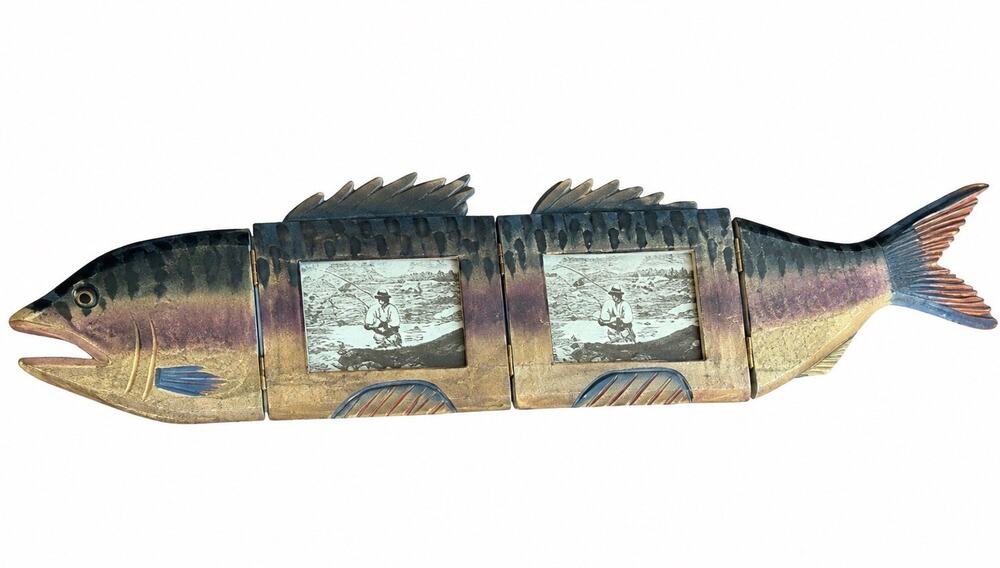 31" Hand Carved Wood Fish Double Picture Frame Coastal Cabin Decor Trout Folding
